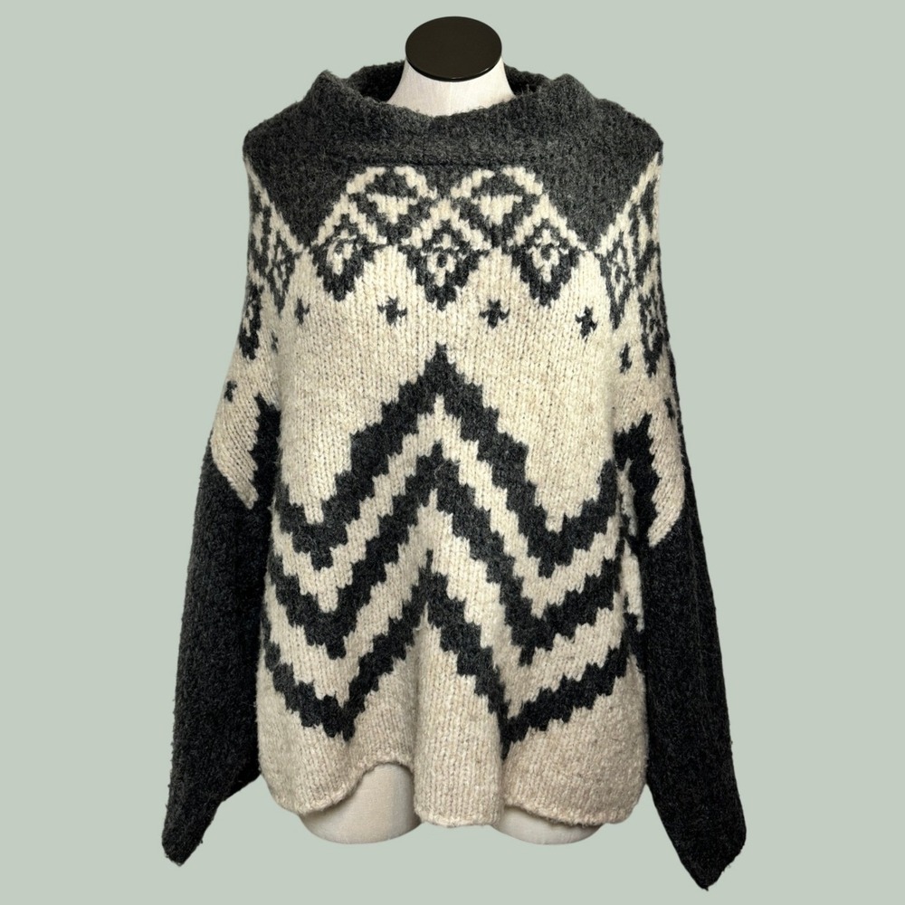 Free People Sweater S Gray Wool Blend Oversized Fair Isle Cabin Boho Cottagecore